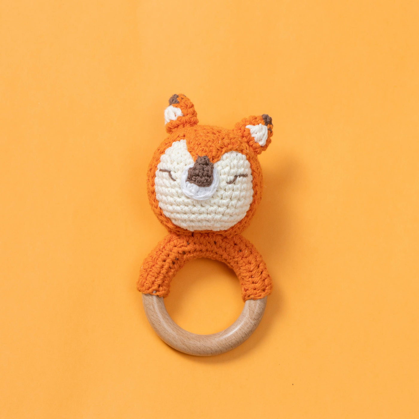 Wooden Baby Rattle Crochet Toy - Sleeping Fox