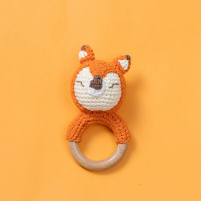 Wooden Baby Rattle Crochet Toy - Sleeping Fox