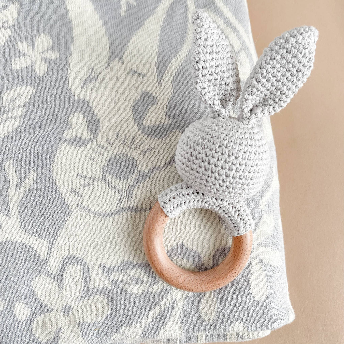 Teether Bunny Grey Cotton Crochet Baby Rattle