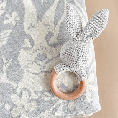 Teether Bunny Grey Cotton Crochet Baby Rattle