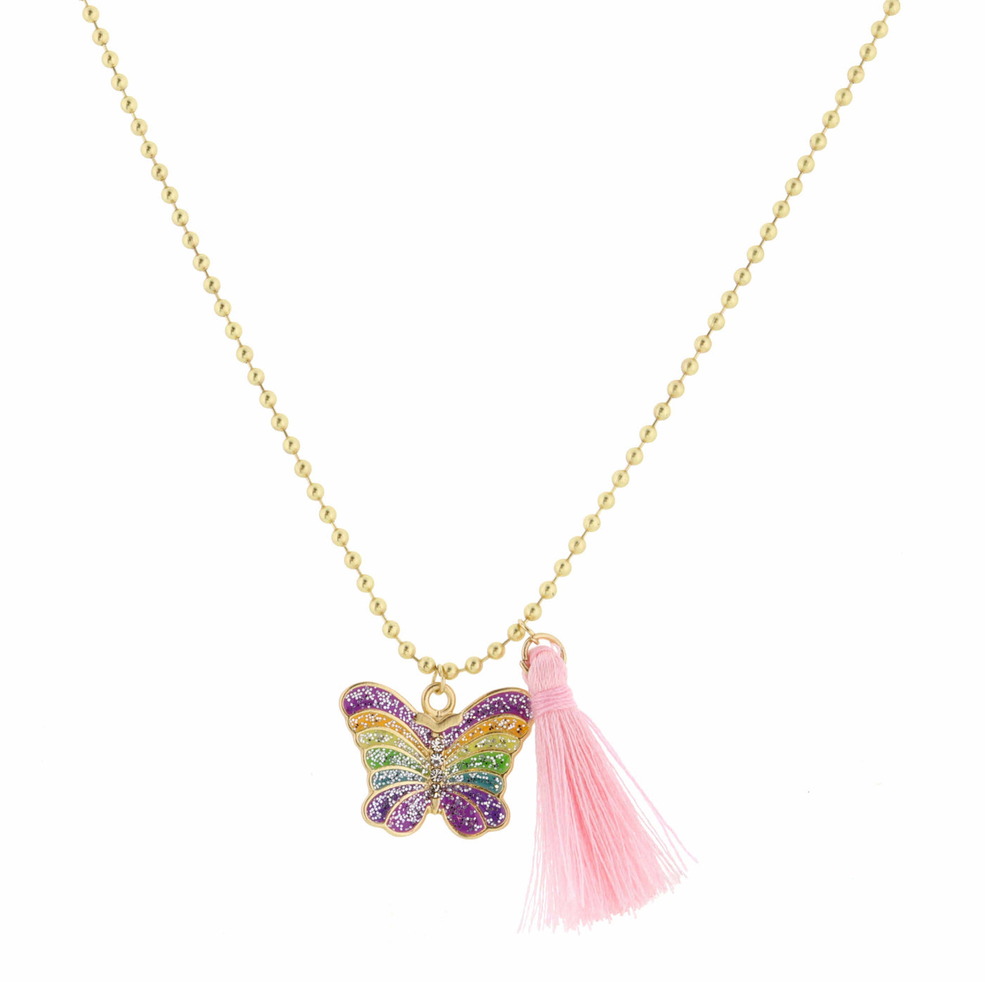 Multi Butterfly with Pink Tassel Necklace