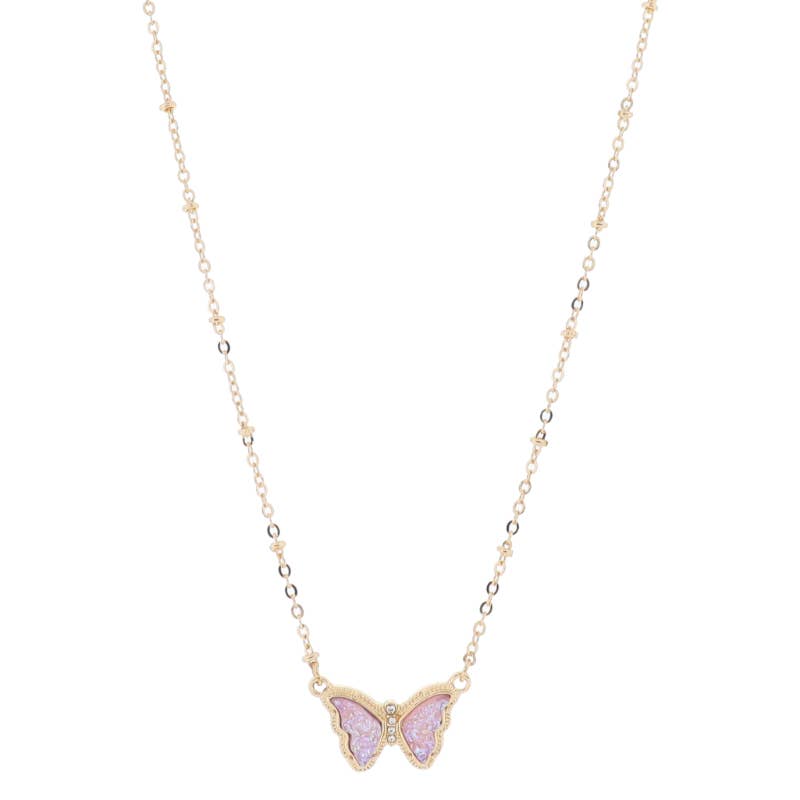 Pink Druzy Butterfly Necklace