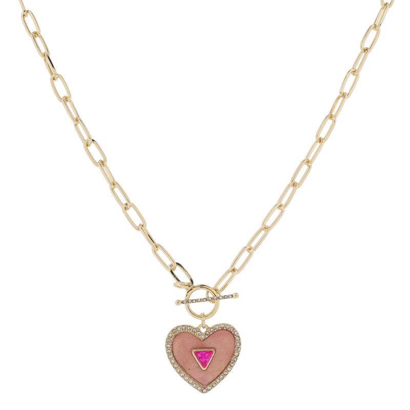 Pink Shell Inlay Heart & Crystal Necklace