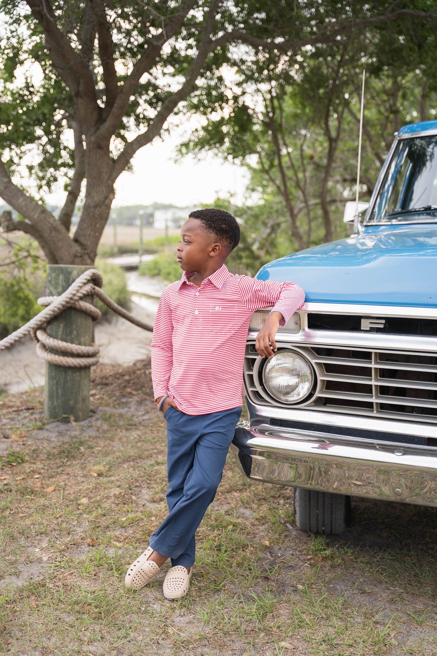 Inshore Long Sleeve Performance Polo | Red Stripe 