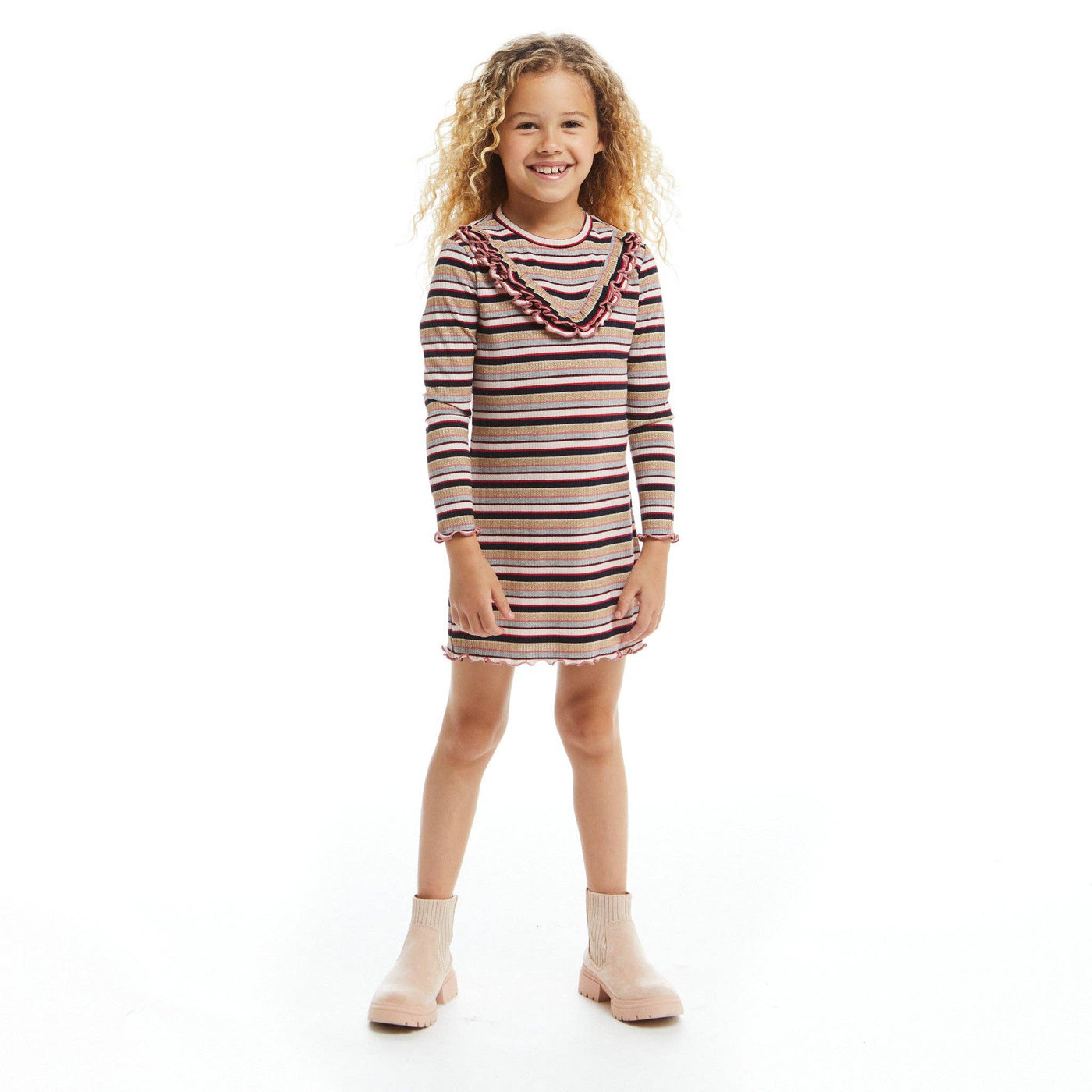 Stripe Rib Knit Dress w Ruffle