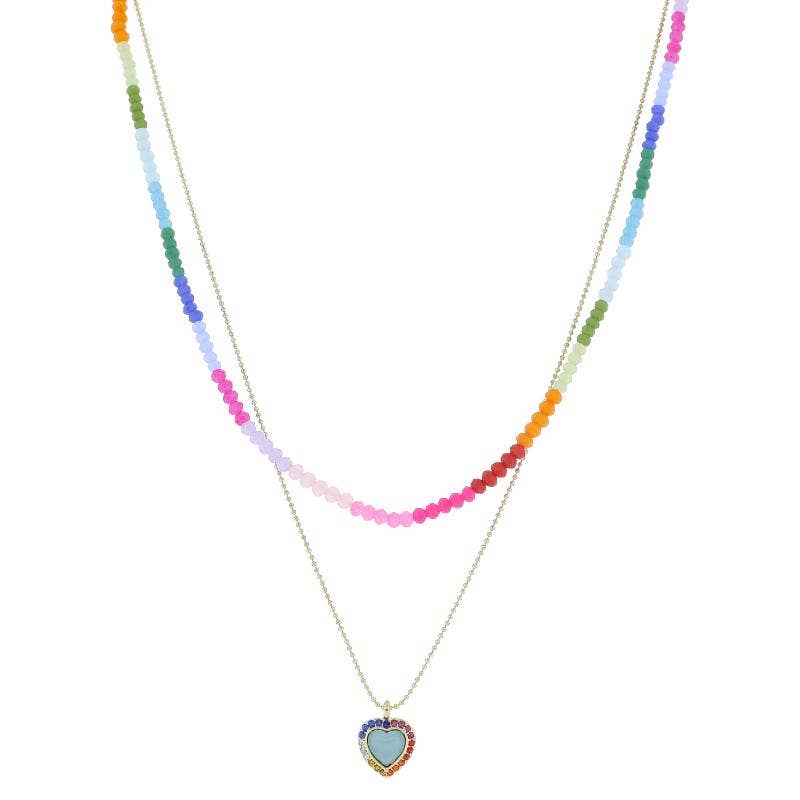 2 Strand, Colorblock Bead Mint Heart Necklace