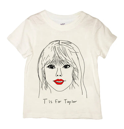 Taylor Swift t-shirt with black and white design featuring 't is for Taylor' lettering. Official merchandise for fans of the pop superstar. Available in various sizes. Perfect gift for Swifties. Shop now!