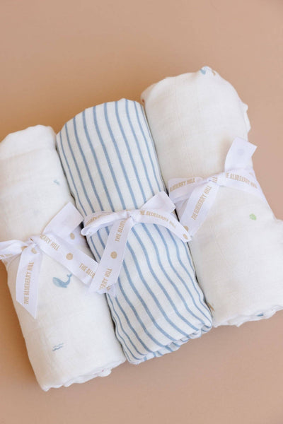 Blue Stripe Organic Cotton Muslin Baby Swaddle Blanket