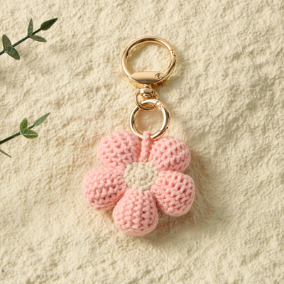 Hand-Knitted Pink Flower Keychain for a Romantic Feel