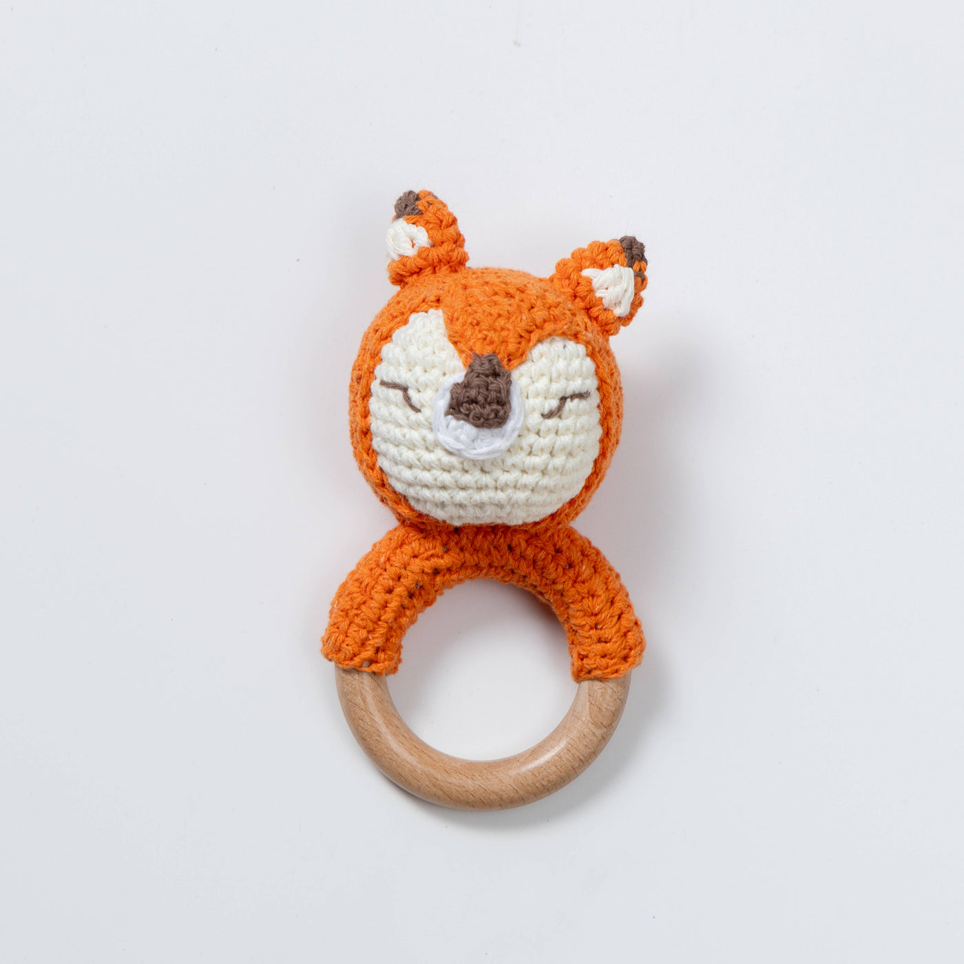Wooden Baby Rattle Crochet Toy - Sleeping Fox