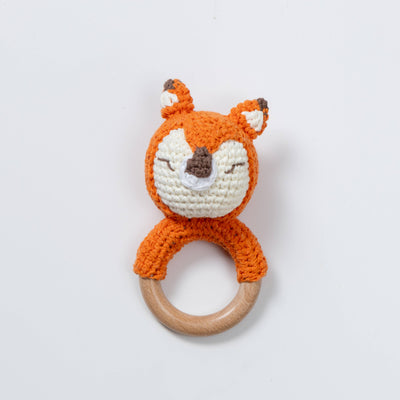 Wooden Baby Rattle Crochet Toy - Sleeping Fox