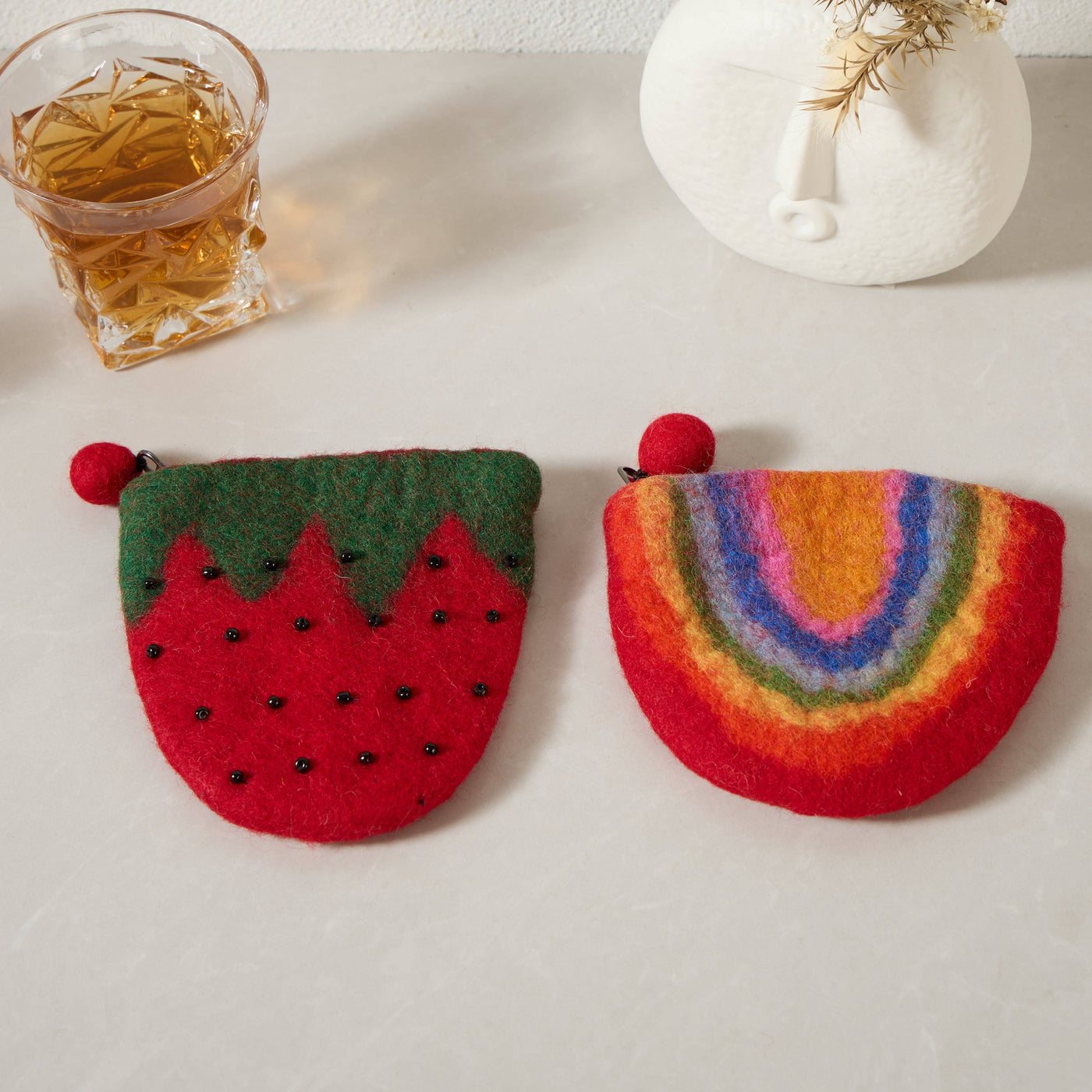 Handmade Wool Felt pouch Hand Carry Coin Purse - Rainbow