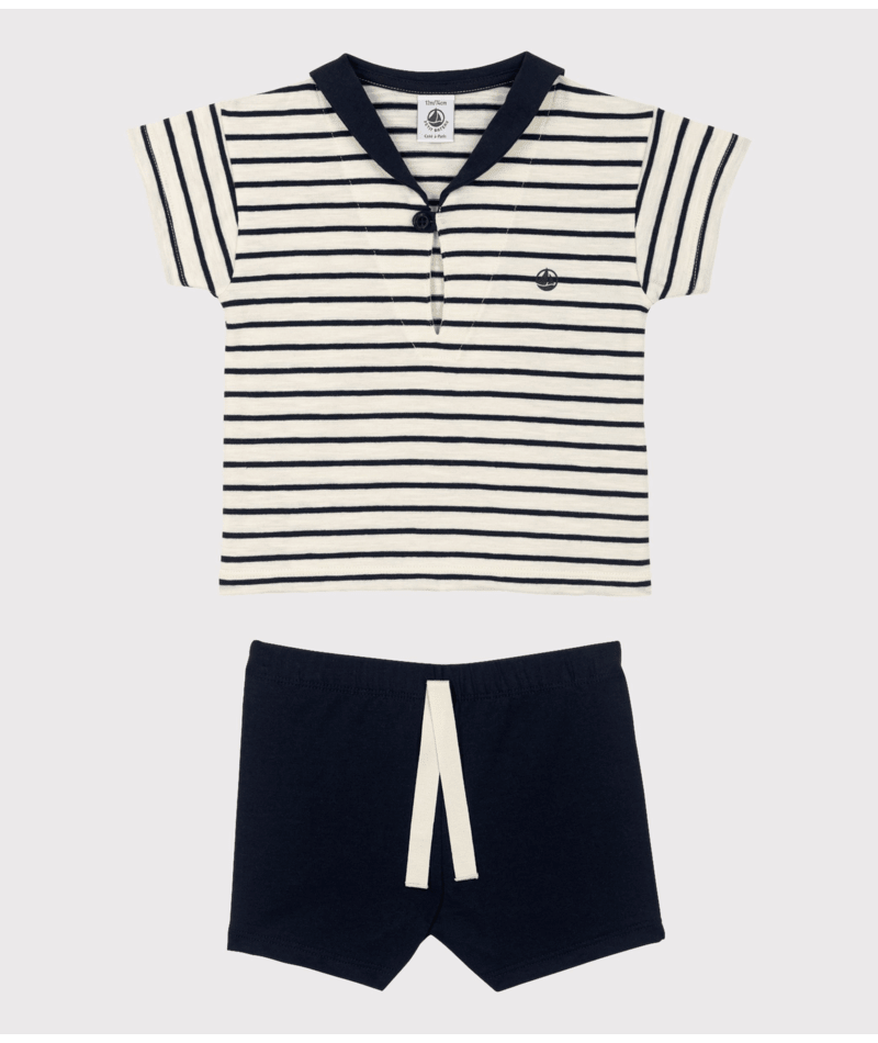 Baby Short Sleeve Striped Tee And Shorts | Navy Cream