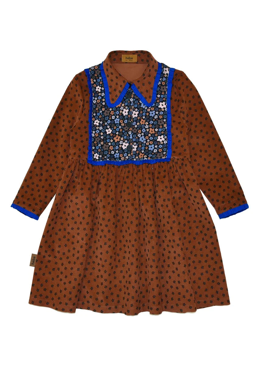 Brown Flower Print Dress with Blue Flower Details