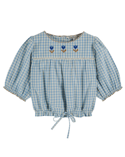 Blue Check Embroidered Faience Blouse