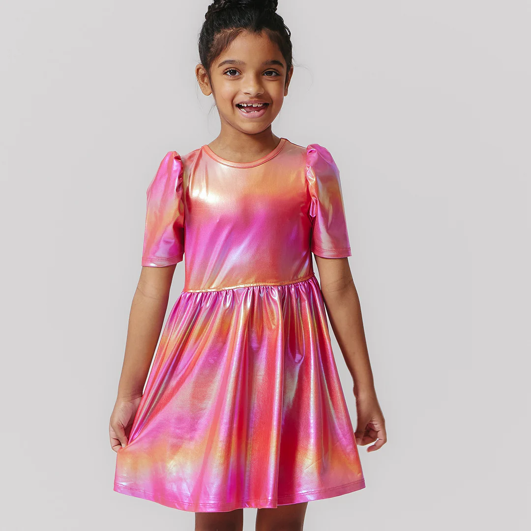 Girls Lame Laurie Dress | Rainbow Pink Lame