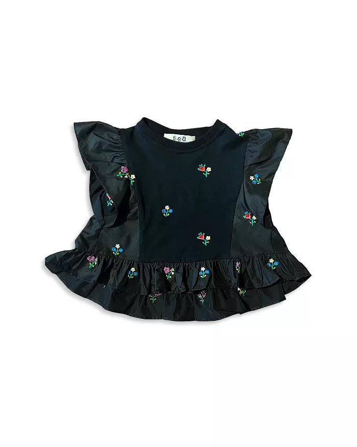 Black Rubina Embroidery Flutter Sleeve Tshirt