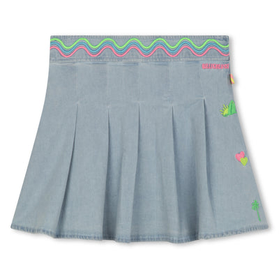 Pleated Denim Skirt Rickrack Embroidery Waist