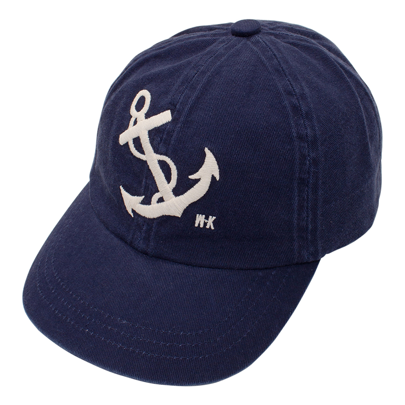 Baseball style cap in navy / with contrast Anchor embroidery on front in ecru / clip adjuster at back / 100% cotton twill
