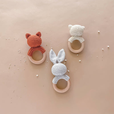 Teether Bunny Grey Cotton Crochet Baby Rattle