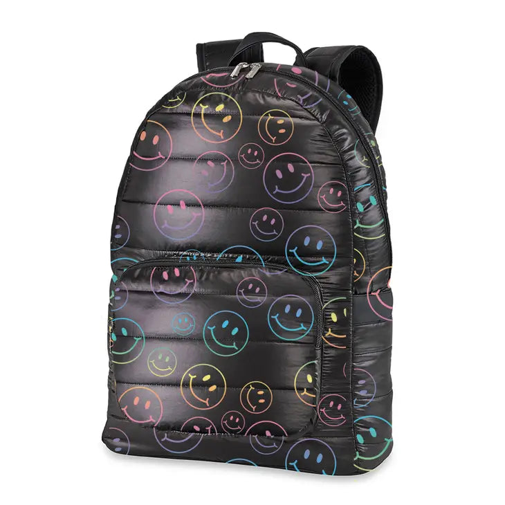 Black Puffer Outline Happy Face Backpack