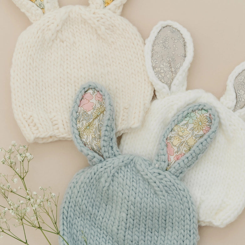 Liberty Bunny Hand Knit Baby Hat in Gray/Multi