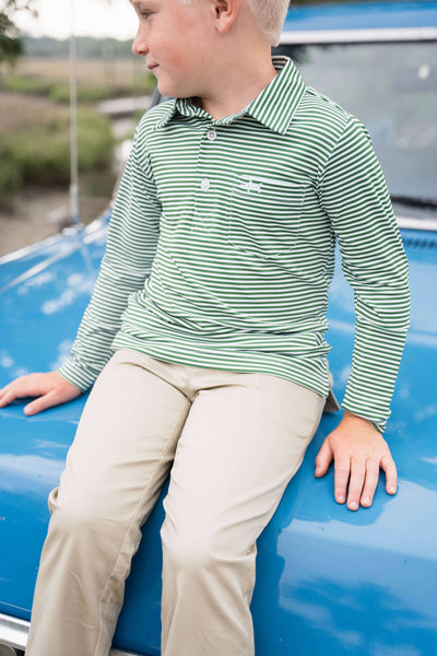 Inshore Long Sleeve Performance Polo | Green Stripe