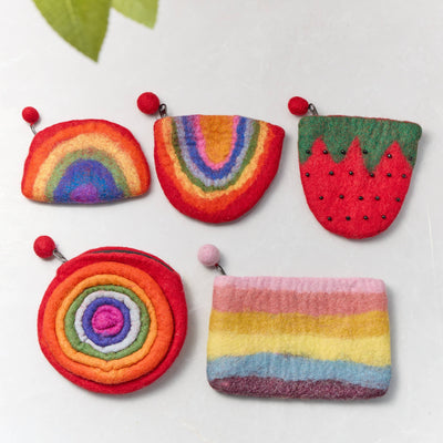 Handmade Wool Felt pouch Hand Carry Coin Purse - Rainbow