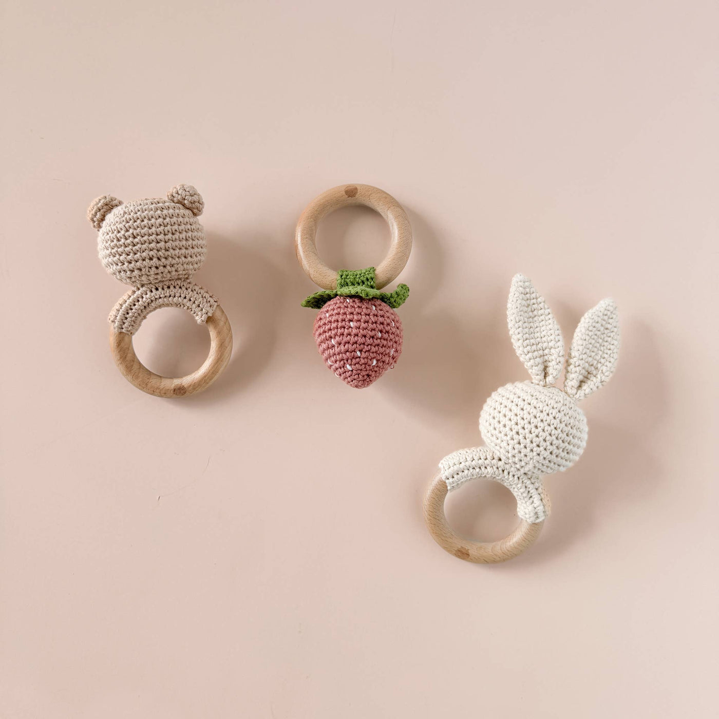 Teether Strawberry Pink Crochet Baby Rattle