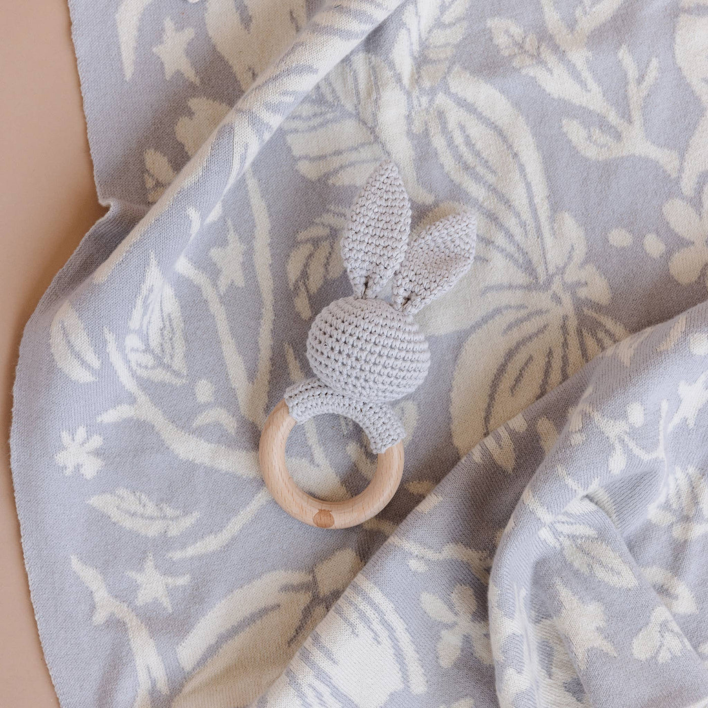 Teether Bunny Grey Cotton Crochet Baby Rattle