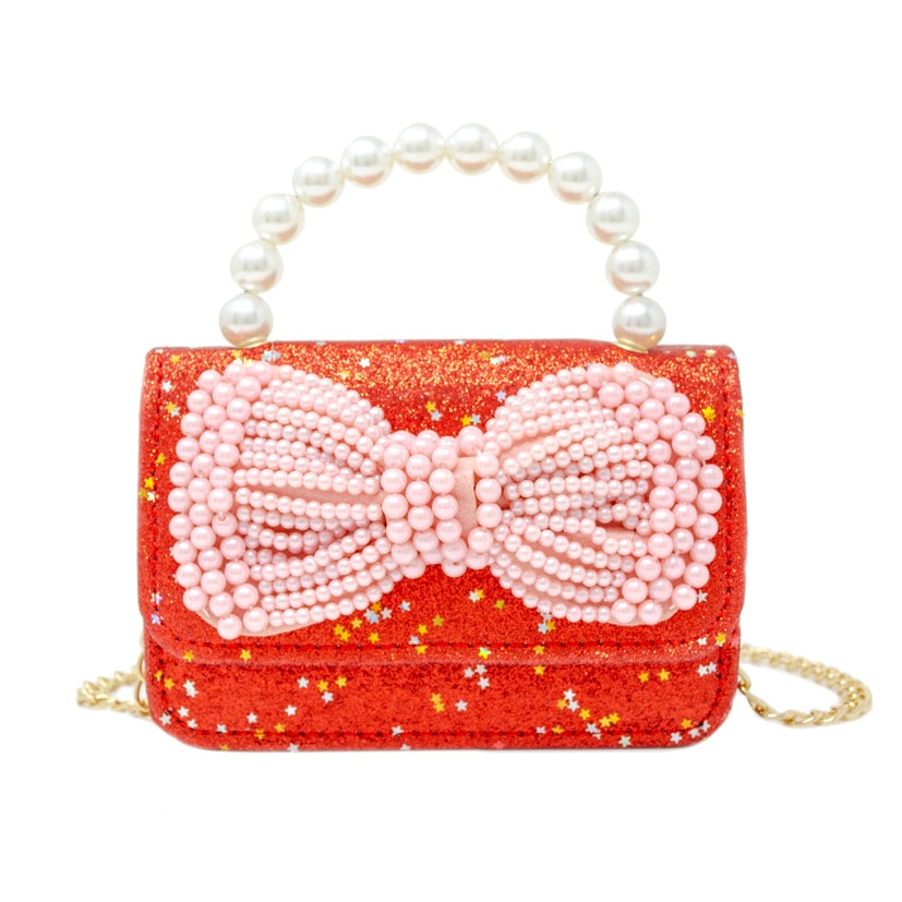 Red Glitter Pearl Handle Bow Bag