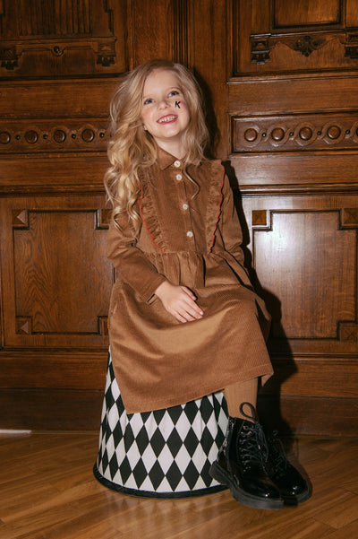 Brown Corduroy Dress with Ruffle