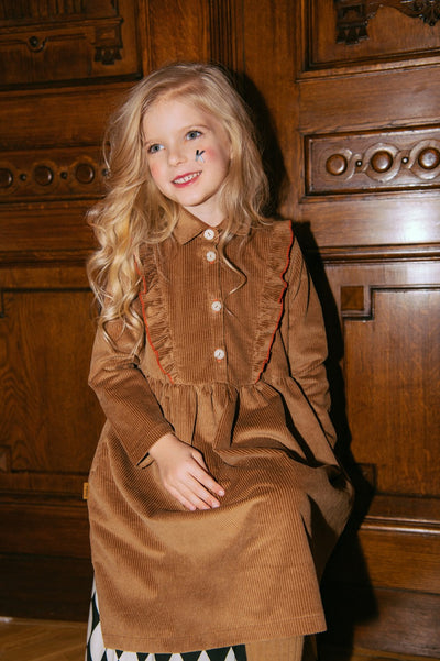 Brown Corduroy Dress with Ruffle