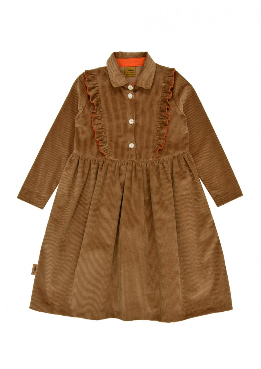 Brown Corduroy Dress with Ruffle