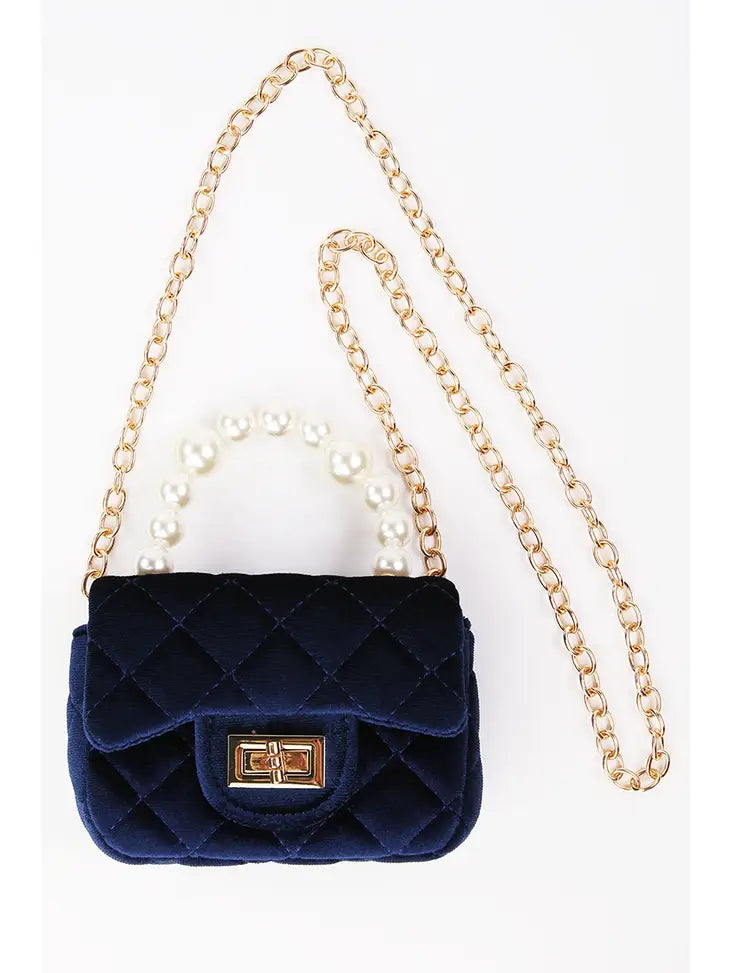 Velvet Purse with Pearl Handle in Navy